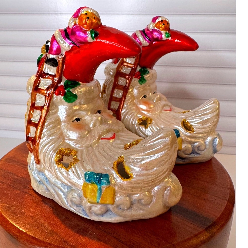 Vintage Celestial Santa Moon Candle Holders Pair Hand Painted Holiday Decor